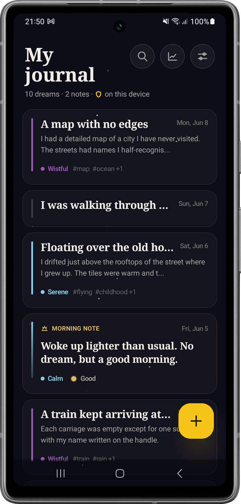Yardena journal list showing recent dreams stored on the device